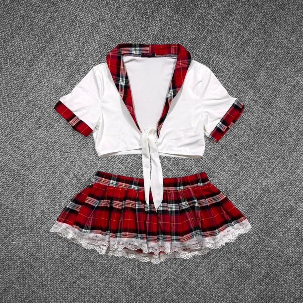 Red Plaid Schoolgirl Two Piece Outfit Lace Trim Skirt And Tie Front Crop Top Set